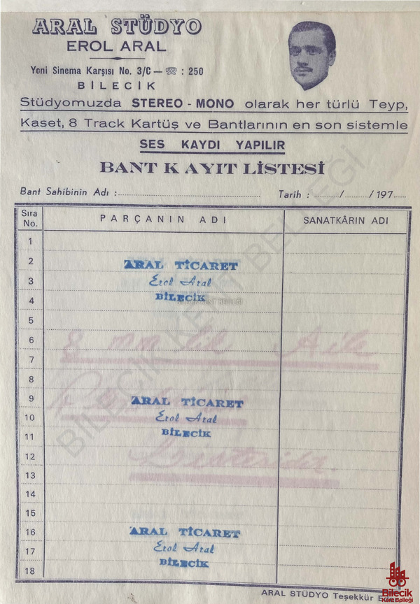 Aral Stüdyo’ya Ait Bant Kayıt Listesi Makbuzu