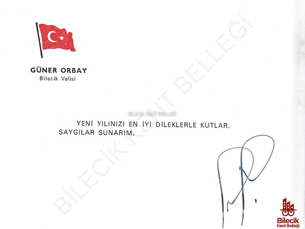 Dönemin Bilecik Valisi Güner Orbay'dan Tebrik Kartı