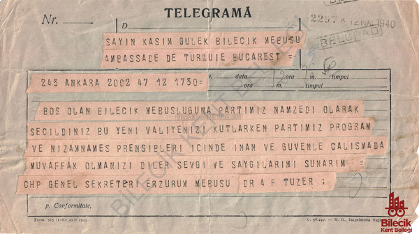 Kasım Gülek'e Telgraf 