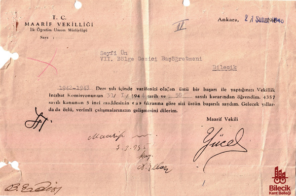 Dönemin Millî Eğitim Bakanı Hasan Âli Yücel'den Takdirname