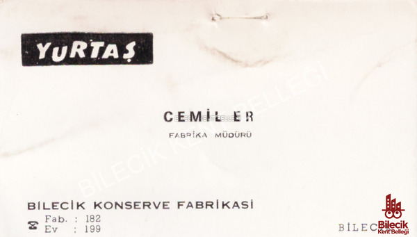 YURTTAŞ Bilecik Konserve Fabrikası Müdürünün Kartviziti 