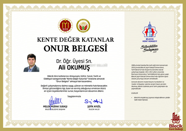 Ali Okumuş Kente Değer Katanlar Onur Belgesi