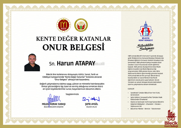 Harun Atapay'ın Kente Değer Katanlar Onur Belgesi