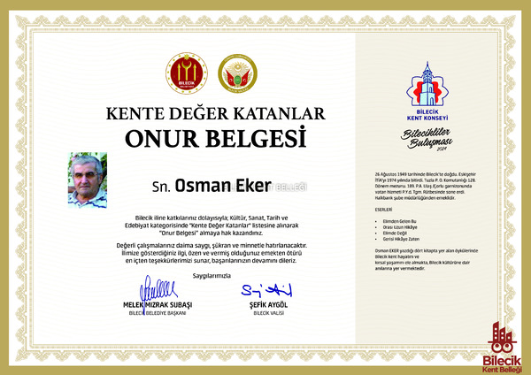 Osman Eker'in Kente Değer Katanlar Onur Belgesi