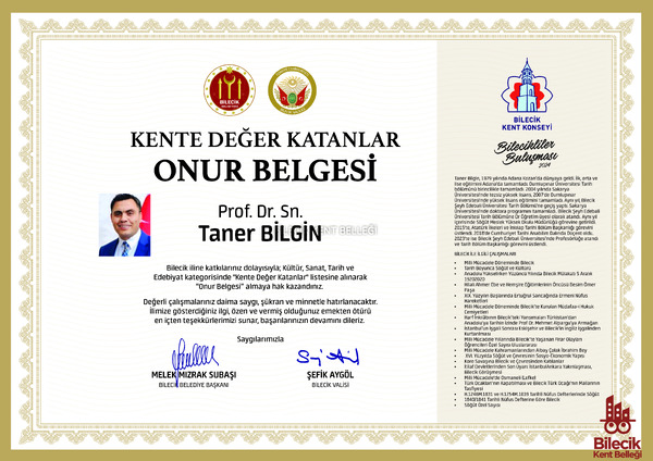 Taner Bilgin'in Kente Değer Katanlar Onur Belgesi