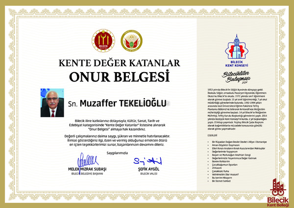 Muzaffer Tekelioğlu'nun Kente Değer Katanlar Onur Belgesi