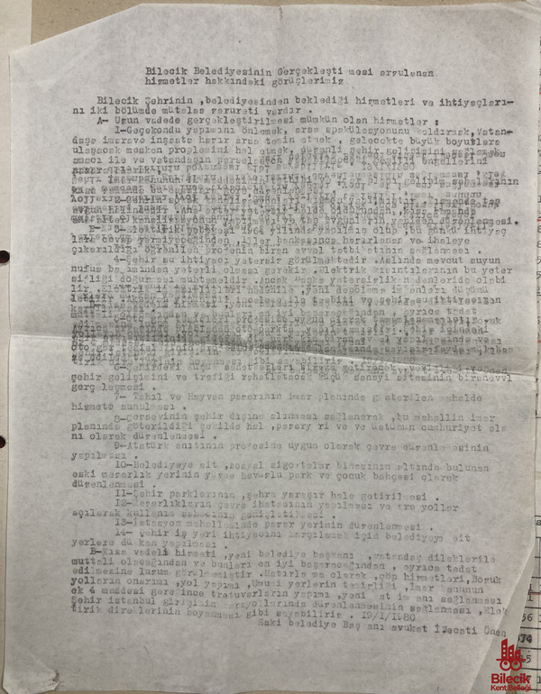 Bilecik Belediyesinin Gerçekleştirilmesi Arzulanan Hizmetler Hakkındaki Görüşlerimiz