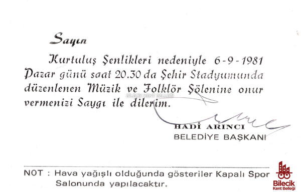 Kurtuluş Şenlikleri Müzik ve Folklör Şöleni Davetiyesi